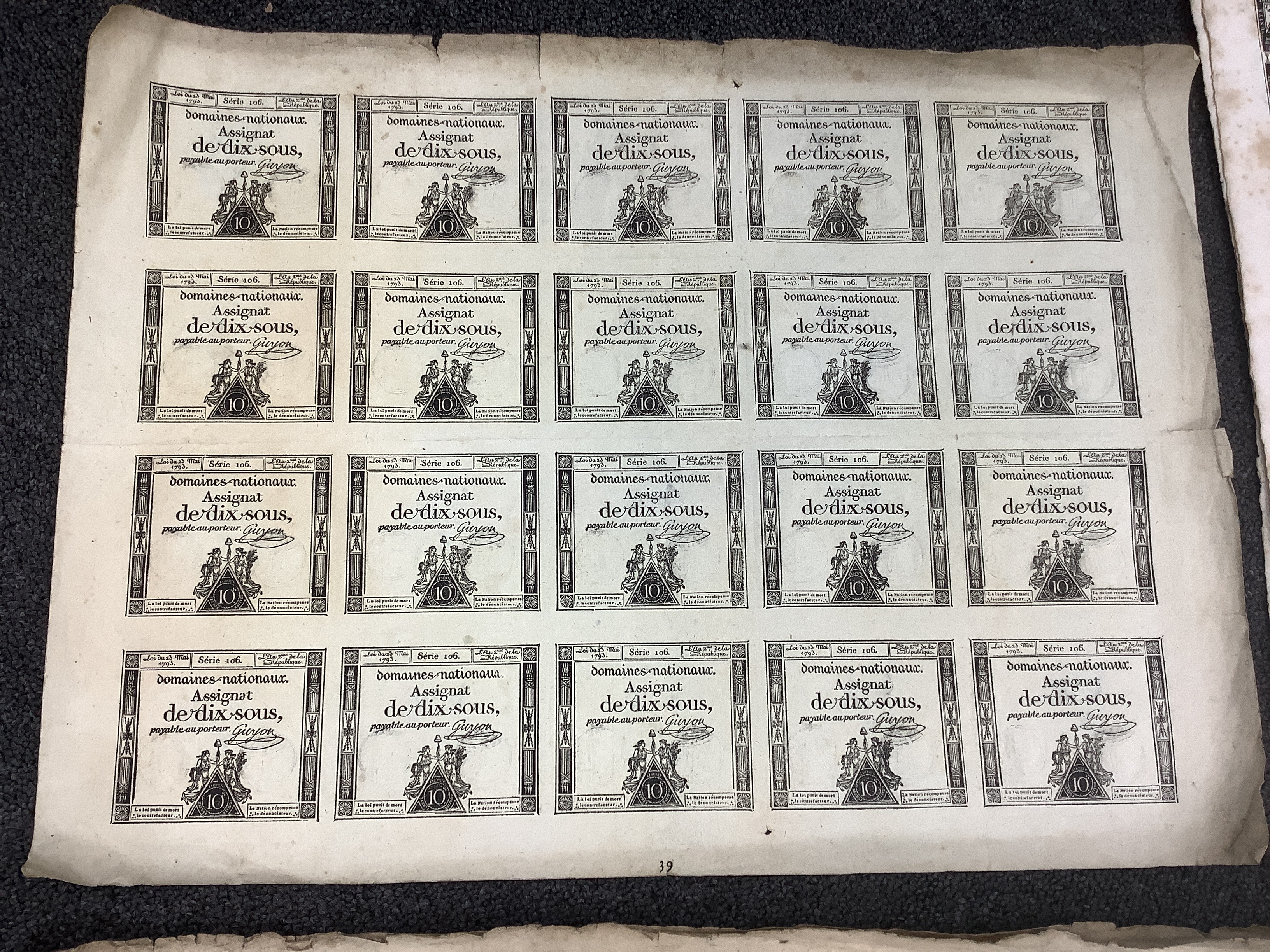 French Revolutionary banknotes, Republic Francaise, seventeen uncut sheets of Assignat notes to include